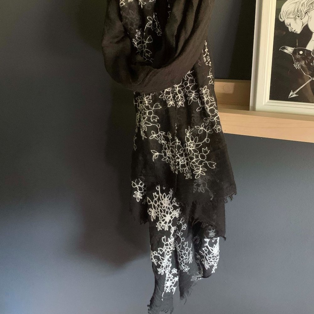 Black Scarf with White Floral Embroidery // OS